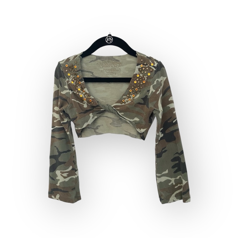 Flowers by Zoe ꕥ Camo Print Crystal Shrug Jacket Top ꕥ Army Green Camo ꕥ 5 5T - Picture 3 of 16